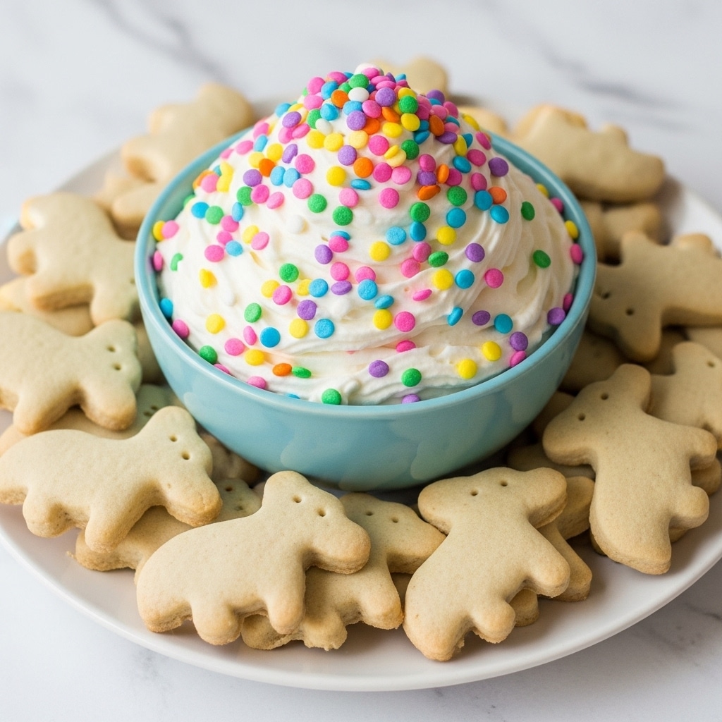 A white plate is filled with light beige animal-shaped cookies arranged around a light blue bowl. Inside the bowl, there is a large mound of fluffy white whipped cream or dip covered with colorful round sprinkles in pink, yellow, green, blue, orange, and purple. The background shows a soft focus white marbled texture. photo taken with an iphone --ar 4:5 --v 7
