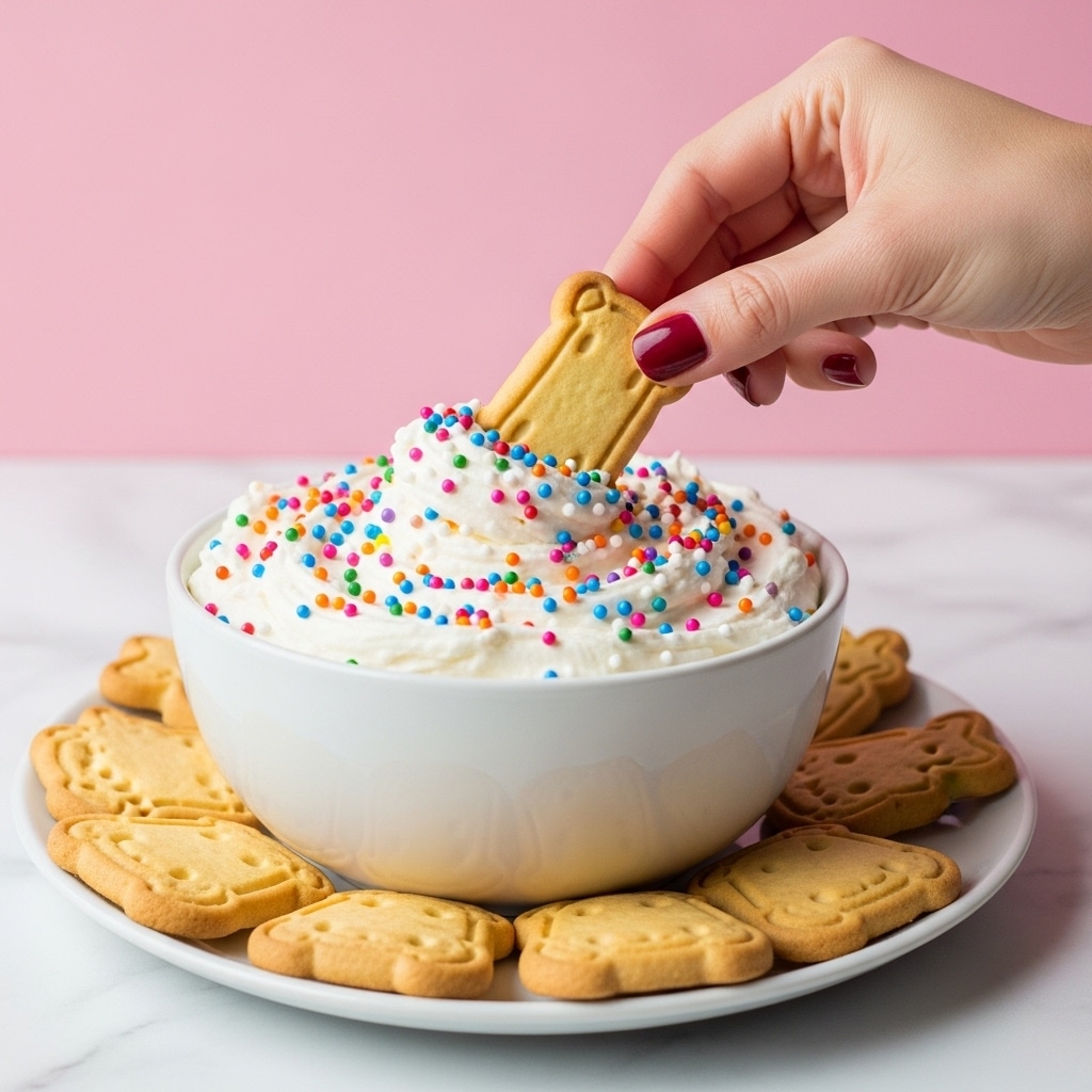 A white bowl full of creamy white dip covered with colorful round sprinkles is placed on a white plate with animal-shaped cookies all around it. A woman's hand with dark red nail polish is dipping a rectangular golden-brown cookie into the whipped textured dip. The background is a solid pink color and the entire scene is set on a white marbled surface. photo taken with an iphone --ar 4:5 --v 7
