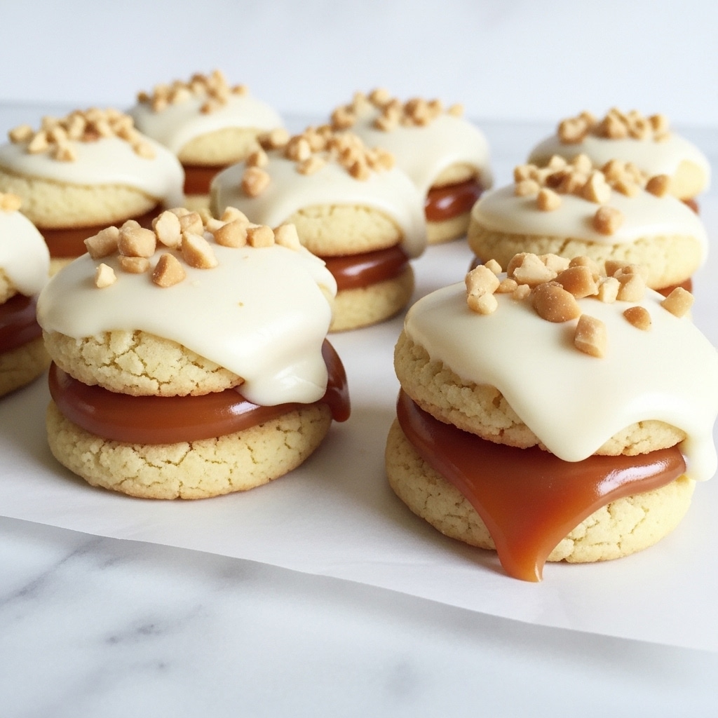 The image shows several small treats arranged closely on a sheet of parchment paper over a white marbled surface. Each treat has three layers: the bottom layer is a light golden cookie with a slightly rough texture, the middle layer is a thick, glossy caramel piece that peeks out, and the top layer is a smooth, creamy white coating sprinkled with small, chopped nut pieces. The caramel layer is slightly uneven, hanging over the edges of the cookie in some parts. The white coating glistens gently, unevenly covering the caramel and cookie, giving a soft contrast between the pale top and the warm caramel beneath. photo taken with an iphone --ar 4:5 --v 7