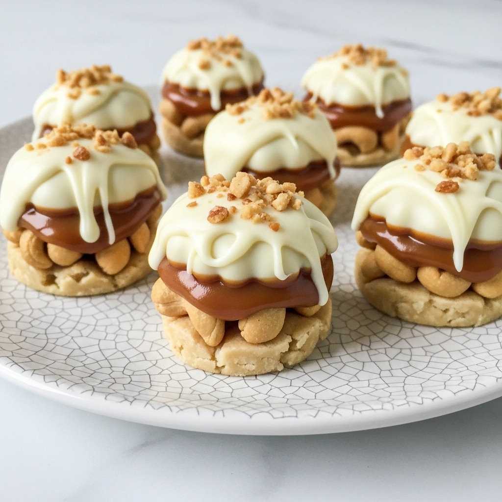 The image shows several bite-sized treats on a white plate with a cracked texture. Each treat has three layers: a base layer of light beige cashews arranged closely, a middle layer of smooth, rich caramel colored brown, and a top layer of creamy white chocolate melted and slightly dripping over the other layers. Small pieces of crushed nuts are sprinkled on the white chocolate top, adding texture and color contrast. The plate is set on a white marbled surface, giving a clean and bright background. photo taken with an iphone --ar 4:5 --v 7