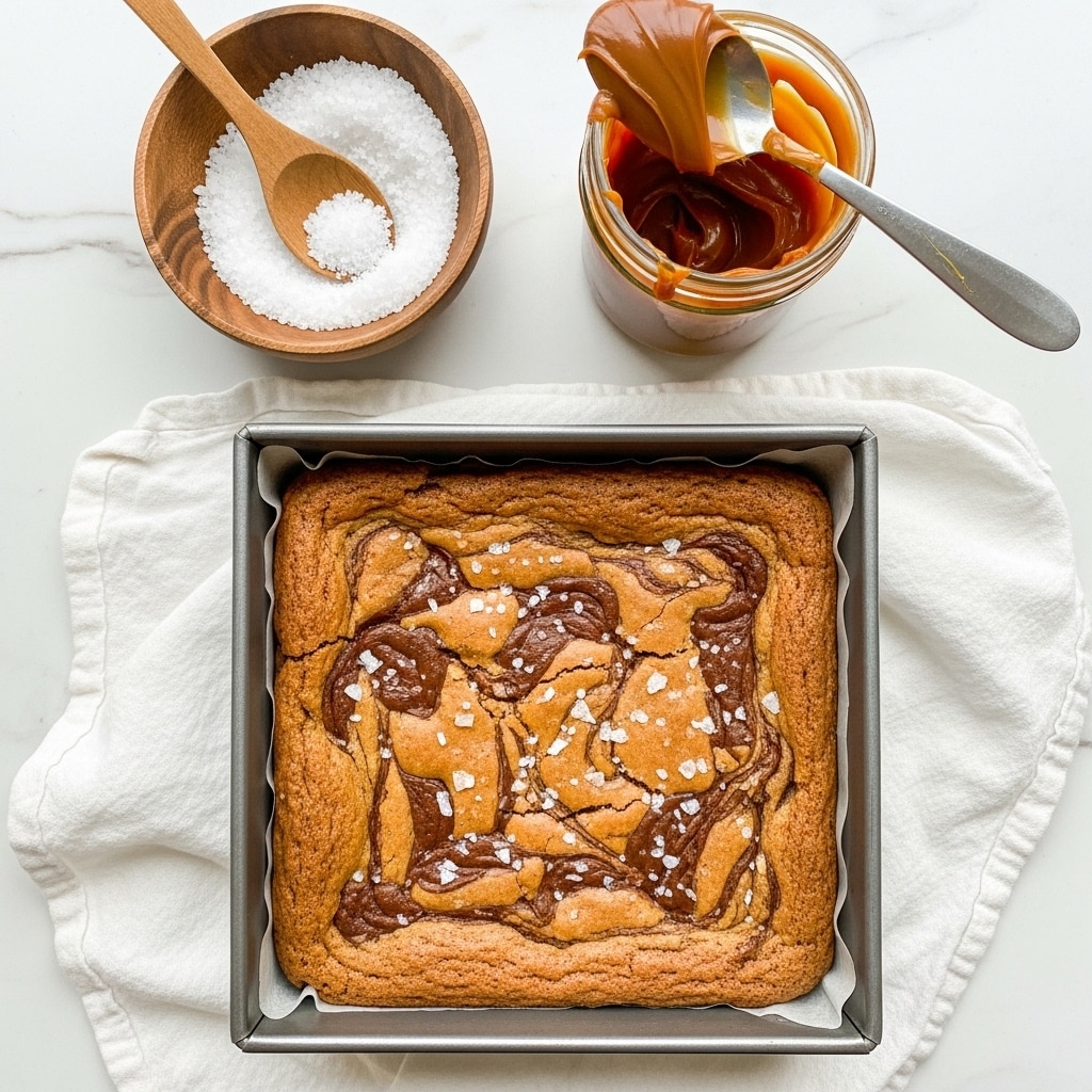 The image shows a square baked cookie bar in a metal baking pan sitting on a white cloth over a white marbled surface. The cookie bar is golden brown with a slightly cracked top and darker swirls, with flakes of white sea salt scattered across the surface. To the top left, there is a small wooden bowl filled with coarse white salt and a wooden spoon resting inside. To the right of the bowl is an open glass jar of caramel or dulce de leche, with a metal spoon covered in caramel placed over the jar. The scene is bright and rustic with a cozy, homemade feel. photo taken with an iphone --ar 4:5 --v 7