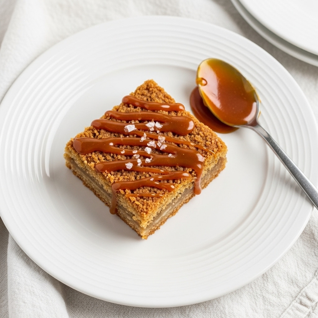 A single square bar of golden brown dessert sits in the center of a white plate with subtle ring patterns, lying flat with a crumbly texture visible on top and edges. The top layer is drizzled with glossy caramel sauce, with a few flakes of sea salt sprinkled on it. To the right side of the bar, a spoon holds thick, shiny caramel sauce that spills slightly onto the plate. The plate is set on a soft textured white cloth, and part of another white plate is visible in the top right corner. photo taken with an iphone --ar 4:5 --v 7