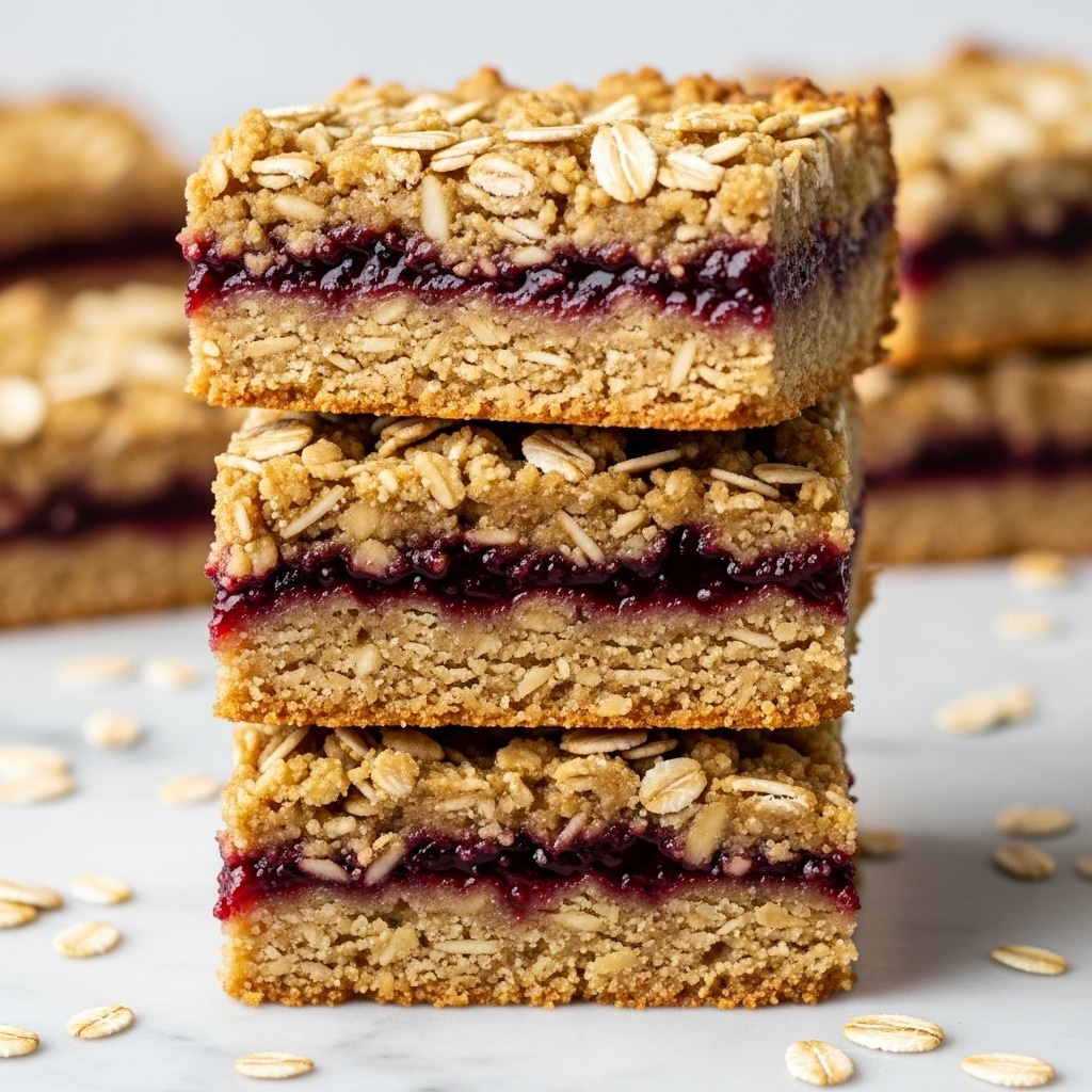 A close-up view of a stack of four oat and berry jam bars, each bar showing three main layers: a crumbly golden oat base, a middle layer of dark red, glossy berry jam, and a thick oat topping with visible oat flakes, all stacked unevenly on a white marbled surface. The texture looks crumbly and dense with pieces of oats scattered around. Photo taken with an iphone --ar 4:5 --v 7