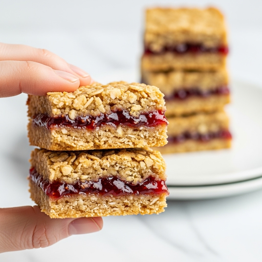 A close-up view of a small square oatmeal bar held by a woman's hand, showing three distinct layers: a top and bottom golden oat layer with a crumbly texture, and a middle layer of bright red jam filling that looks soft and slightly sticky. In the blurred background, three more of these oatmeal bars are stacked on a white plate, all set against a white marbled surface. The image captures the detailed texture of the oats and the glossy contrast of the jam photo taken with an iphone --ar 4:5 --v 7