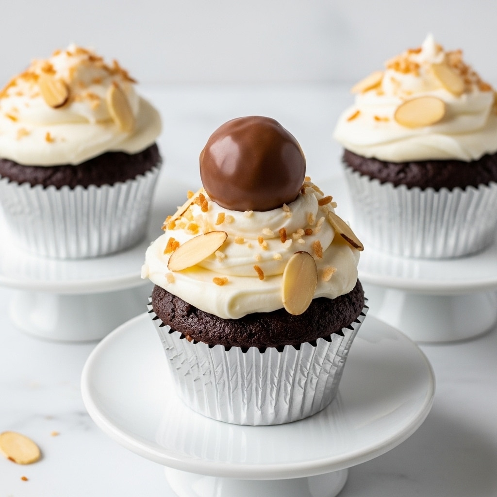 A close-up of three chocolate cupcakes, each in a silver wrapper, sitting on white small pedestal plates. Each cupcake has one thick layer of white creamy frosting spread unevenly on top, decorated with small brown coconut flakes and thin light tan almond slices scattered around the surface. On top of the middle cupcake's frosting is a shiny brown chocolate-covered piece, positioned slightly off-center. The setting features a white marbled texture. photo taken with an iphone --ar 4:5 --v 7