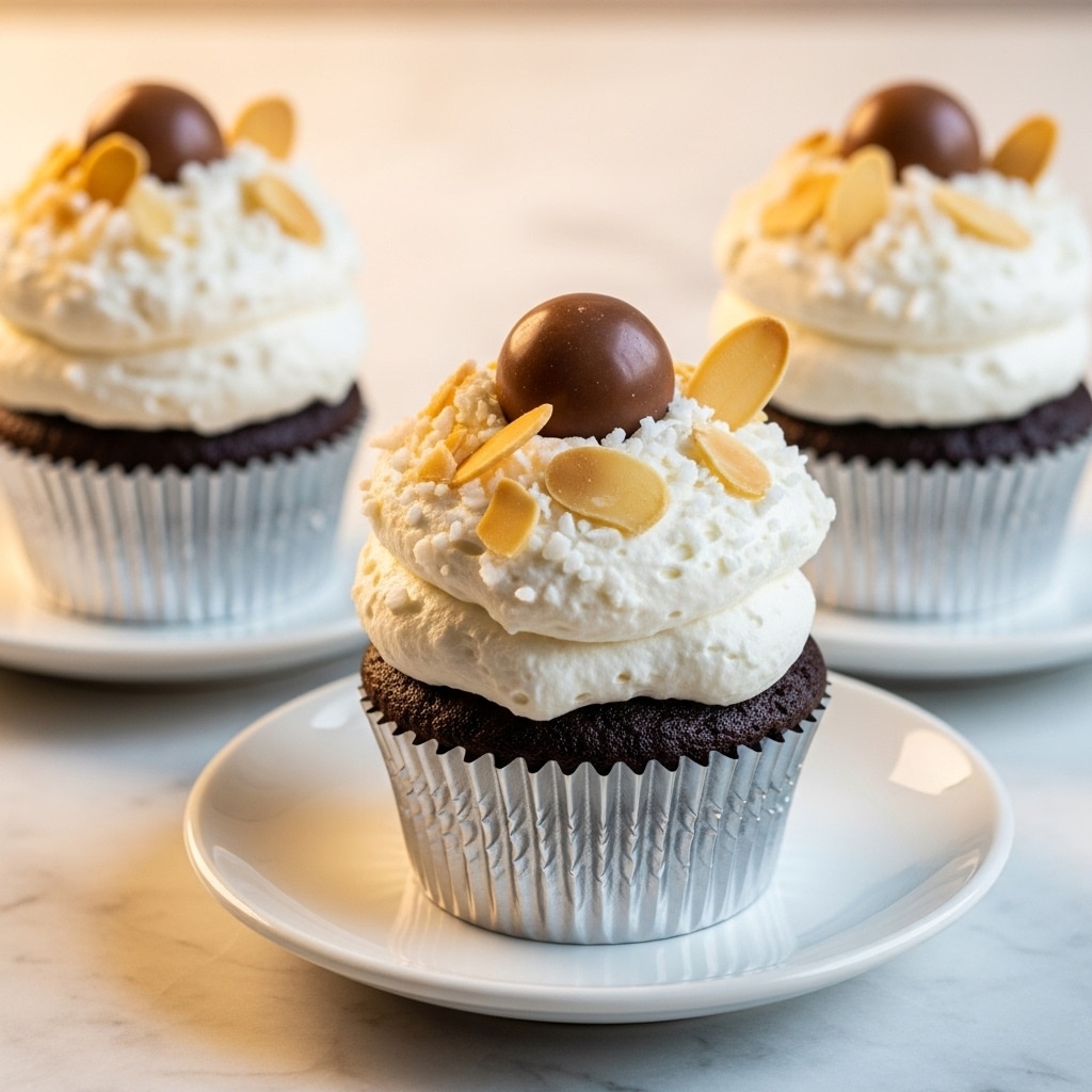 Three chocolate cupcakes in silver wrappers sit on small white saucers, each topped with one thick layer of white whipped cream frosting with a rough texture. On top of the whipped cream are thin slices of almond and small pieces of toasted coconut, with one cupcake in the front center also decorated with a whole chocolate candy placed at the back edge of the frosting. The scene has a soft warm light and a white marbled textured surface underneath. Photo taken with an iphone --ar 4:5 --v 7
