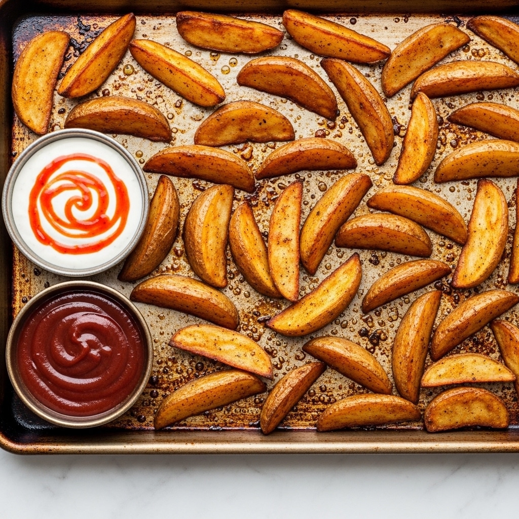 A baking tray filled with one layer of golden brown potato wedges, each wedge showing a crispy, slightly oily surface with a sprinkle of seasoning. Toward the left side of the tray, there are two small bowls placed on the tray; the top bowl contains white creamy sauce with a swirl of red sauce on top, while the bottom bowl is filled with a smooth, dark red dipping sauce. The tray surface is stained with baked oil and seasoning spots. The background is a white marbled texture. photo taken with an iphone --ar 4:5 --v 7