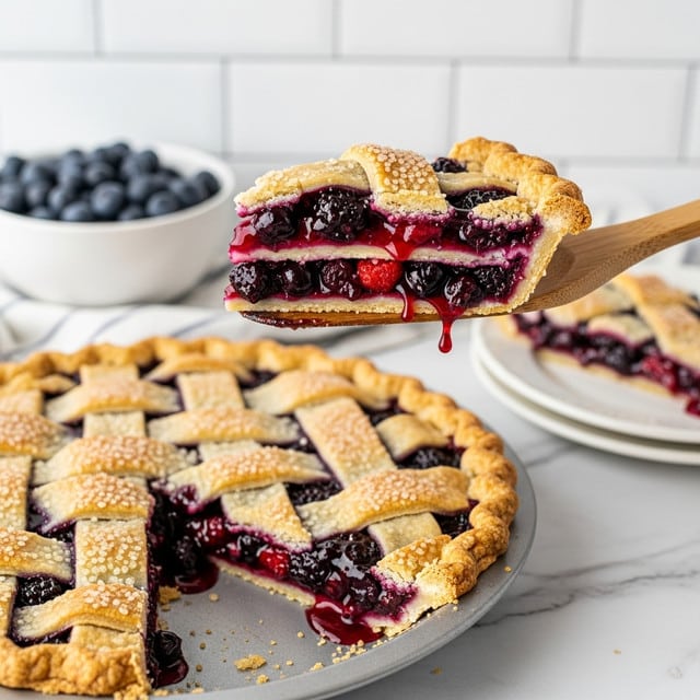 A slice of lattice-top berry pie is held by a wooden spatula showing three distinct layers: a golden-brown flaky crust with coarse sugar sprinkled on top, a glossy dark purple and red mixed berry filling oozing slightly from the sides, and a thin bottom crust holding the filling. The pie itself sits on a white marbled surface in a baking tray, featuring a golden lattice crust with visible juicy berries underneath. In the background, there is a white bowl filled with fresh blueberries and a white plate with another slice of the same pie, all set against a white tiled wall. Photo taken with an iphone --ar 4:5 --v 7