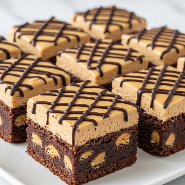 The image shows a close-up view of square dessert pieces arranged closely on a white plate. Each piece has two main layers: a thick, dense dark brown base filled with lighter brown chunks, resembling a rich brownie with peanut butter bits, and a smooth creamy light brown top layer that looks like peanut butter frosting. The dessert pieces are decorated with thin, dark chocolate drizzle lines in an irregular pattern across the peanut butter top, adding a glossy texture contrast. The background is a white marbled surface, softly blurred to keep the focus on the desserts. photo taken with an iphone --ar 4:5 --v 7