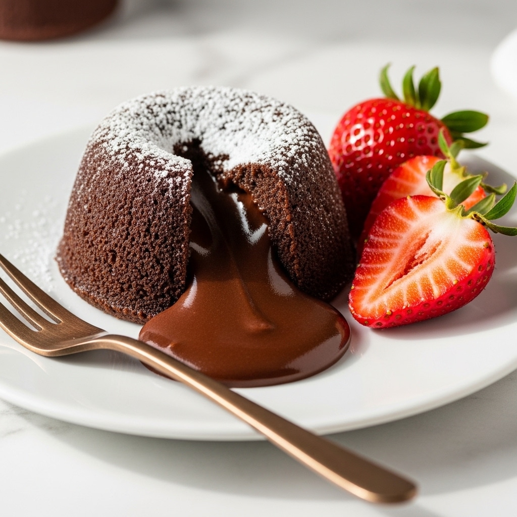 A small dark brown chocolate lava cake sits on a white plate, dusted with a layer of white powdered sugar on top. The cake is cut open on one side, letting thick, glossy, melted chocolate in rich dark brown flow out, creating a smooth pool that spreads forward. Next to the cake on the plate is a halved bright red strawberry with green leaves. In the foreground, a vintage bronze fork rests on the plate. The scene is set on a white marbled surface with soft natural light shining on the textures. Photo taken with an iphone --ar 4:5 --v 7