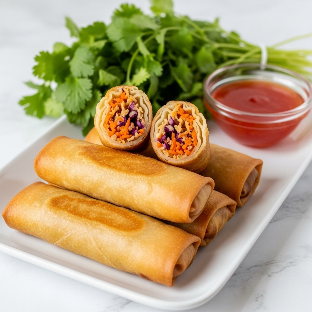A white rectangular tray with four golden-brown spring rolls stacked on it, two whole rolls on the bottom and two cut in half on top showing a filling of shredded orange and purple vegetables with light brown bits. Behind the rolls is a bunch of fresh green cilantro and a small clear bowl of red dipping sauce. The tray is set on a white marbled texture. photo taken with an iphone --ar 4:5 --v 7