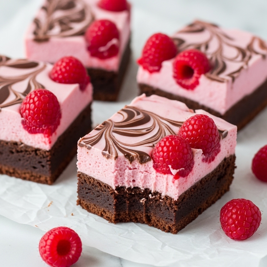 The image shows four square brownies with two layers each, placed on crinkled parchment paper over a white marbled surface. The bottom layer is thick and dark brown, smooth but dense, while the top layer is creamy pink with a marbled pattern of darker chocolate swirls. Whole raspberries are embedded partly in the pink layer, their bright red color standing out against the pink and brown. One brownie has a bite taken out of the corner, revealing the two distinct layers. There are also extra raspberries scattered around on the parchment paper. photo taken with an iphone --ar 4:5 --v 7