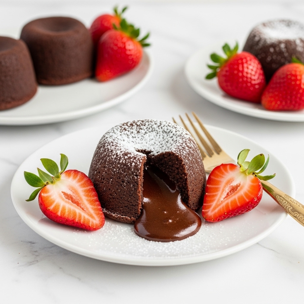 A white plate holds a chocolate lava cake with powdered sugar dusted on top; the cake is cut open to reveal rich, dark chocolate lava oozing out onto the plate. Next to the cake, there are two strawberry halves showing their bright red interior and green tops. A vintage gold fork lies beside the cake on the plate. In the background, a second white plate holds an untouched chocolate lava cake and more strawberries, all set against a white marbled surface. Photo taken with an iphone --ar 4:5 --v 7