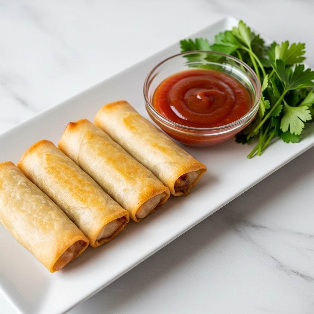 Four light golden brown spring rolls, each with a slightly crispy texture, are neatly lined up on a white rectangular plate. Next to the spring rolls is a small clear glass bowl of reddish-brown dipping sauce with a smooth texture. To the right of the bowl, fresh green parsley leaves with visible veins create a vibrant contrast. The entire setting rests on a white marbled textured surface. photo taken with an iphone --ar 4:5 --v 7