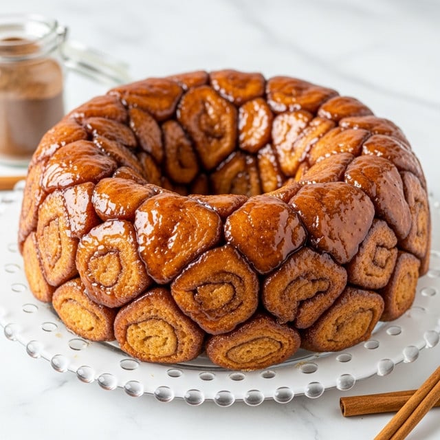 A round monkey bread made of many irregular dough pieces stacked closely together in a ring shape, covered with a shiny, sticky caramel glaze that gives it a rich golden-brown color with darker cinnamon spots on the dough chunks. The dough pieces have a soft, fluffy texture with visible sugar and cinnamon layers, sitting on a clear white glass plate with bubbly edges. The background shows a white marbled surface with a small jar of cinnamon sugar partly visible on the left and cinnamon sticks lying near the bottom right of the image. photo taken with an iphone --ar 4:5 --v 7