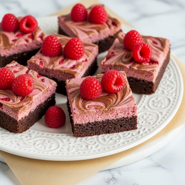 The image shows several square brownies placed on a white plate with intricate patterns. Each brownie has a rich, dark brown base with a smooth, swirled top layer in shades of pink and brown, creating a marbled effect. Scattered on top of the brownies are bright red raspberries, adding a pop of color and texture. The plate sits on a piece of brown parchment paper over a white marbled textured surface. Photo taken with an iphone --ar 4:5 --v 7