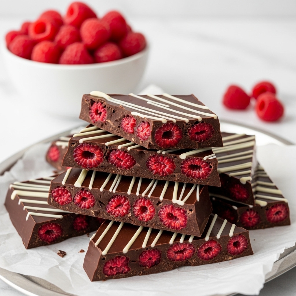 A stack of broken dark chocolate pieces filled with bright red raspberries, showing the juicy texture inside, drizzled with thin white chocolate lines on top creating a contrast with the dark chocolate. The chocolate pieces are piled on white parchment paper on a silver tray. In the background is a white bowl filled with fresh whole raspberries sitting on a white marbled surface. The overall scene feels fresh and inviting with close detail on the chocolate's smooth and textured layers. Photo taken with an iphone --ar 4:5 --v 7