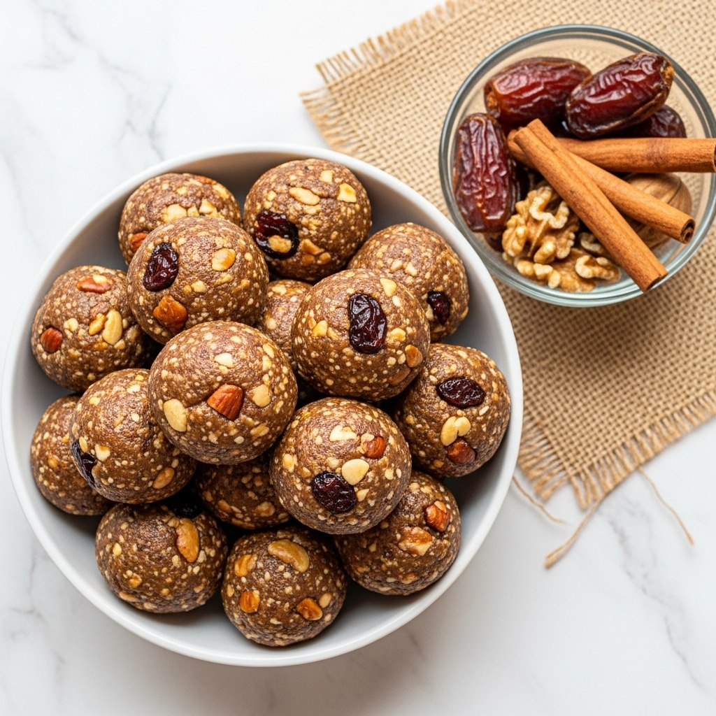 A white bowl filled with about twenty round energy balls that have a brown color with visible bits of nuts and dried fruit inside. The balls are piled up, showing a rough and chunky texture with uneven pieces mixed in. Next to the bowl, on a white marbled surface, there is a small clear glass bowl holding whole dried dates, cinnamon sticks, and walnuts. The bowl is placed on a rough beige burlap cloth. photo taken with an iphone --ar 4:5 --v 7
