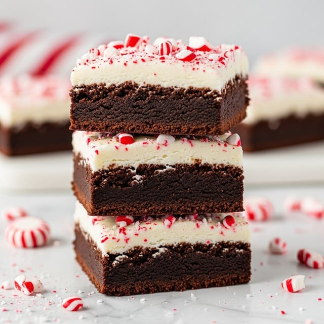 This image shows a stack of three thick brownie squares, each with a dark, rich chocolate base layer that looks moist and dense. On top of each brownie layer is a thick, creamy white frosting that appears smooth and soft, sprinkled generously with bits of crushed red and white peppermint candy, adding a festive touch. The brownies are arranged in a neat pile standing on a white marbled surface, and broken peppermint pieces are scattered around them. In the background, there is a blurry hint of red and white stripes. Photo taken with an iphone --ar 4:5 --v 7