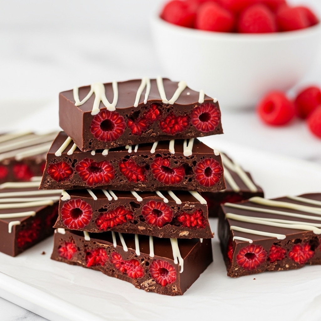 A stack of dark chocolate pieces filled with bright red raspberries is shown on a white tray lined with parchment paper. Each piece has vibrant red raspberry seeds visible through broken sections, creating a bumpy texture inside the chocolate. The chocolate itself is smooth and glossy, with thin, uneven white chocolate drizzle layered on top in streaks. In the background, there is a white bowl filled with whole fresh raspberries blurred out, placed on a white marbled surface. The image has a soft and bright look, focusing closely on the chocolate and raspberry details. photo taken with an iphone --ar 4:5 --v 7
