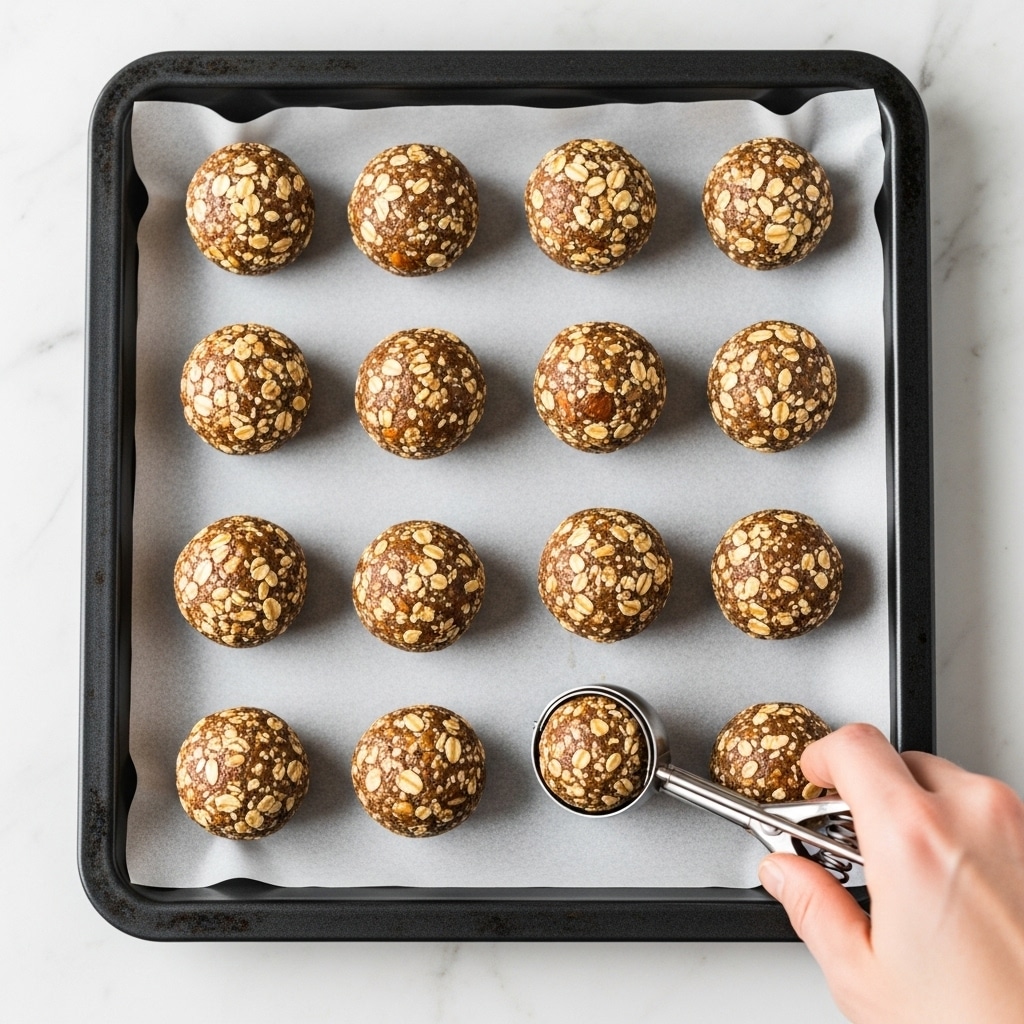 A black baking tray lined with white parchment paper holds 16 round energy balls arranged in a loose grid. Each ball is brown with a rough texture showing bits of oats and nuts in light tan and cream colors. A woman's hand holds a shiny metal ice cream scoop, pressing down around one ball in the lower right area of the tray. The tray sits on a white marbled surface that looks clean and bright. photo taken with an iphone --ar 4:5 --v 7