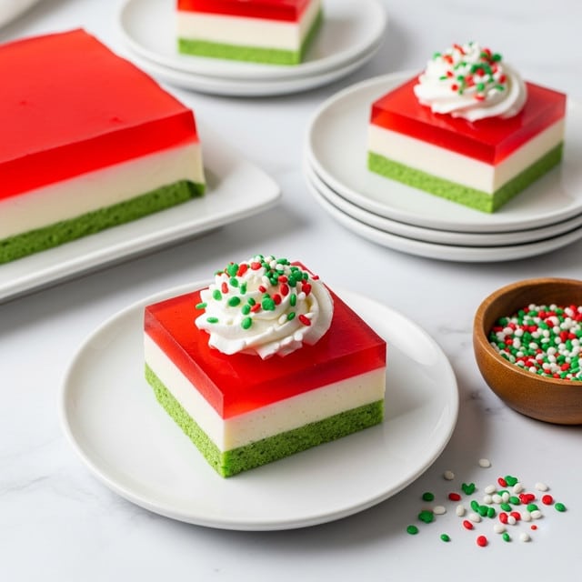 The image shows a square dessert with three distinct layers placed on a white round plate. The bottom layer is green and thin, the middle layer is white and slightly thicker, and the top layer is a smooth, bright red gelatin. On top of the red layer, there is a dollop of white whipped cream, decorated with red, green, and white sprinkles. This dessert is shown on multiple white round plates and a white rectangular plate, all set on a white marbled surface. A small wooden bowl filled with the same red, green, and white sprinkles sits nearby. Photo taken with an iphone --ar 4:5 --v 7