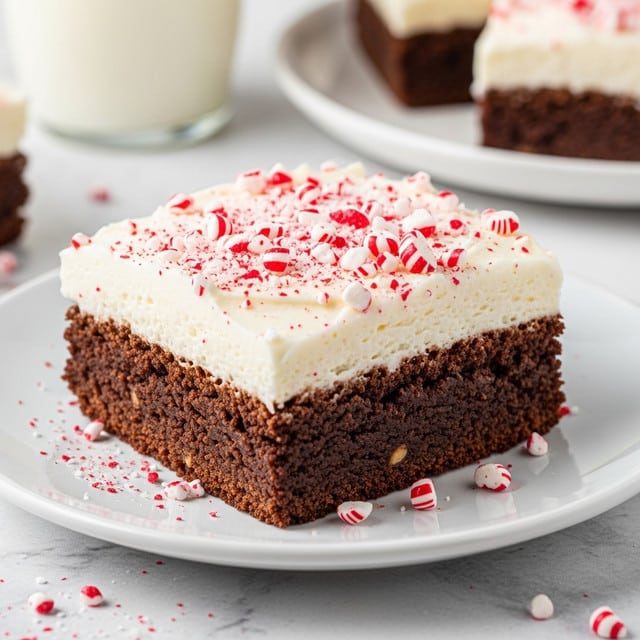 A square dessert with two layers sits on a white plate with crushed peppermint scattered around. The bottom layer is a thick, moist, dark brown chocolate base with a slightly crumbly texture. On top, there is a thick, smooth white frosting layer that looks creamy and soft. The frosting is covered with finely crushed red and white peppermint pieces, adding a festive touch. The scene is set on a white marbled texture with a blurry glass of milk and a white plate with more chocolate desserts in the background. Photo taken with an iphone --ar 4:5 --v 7