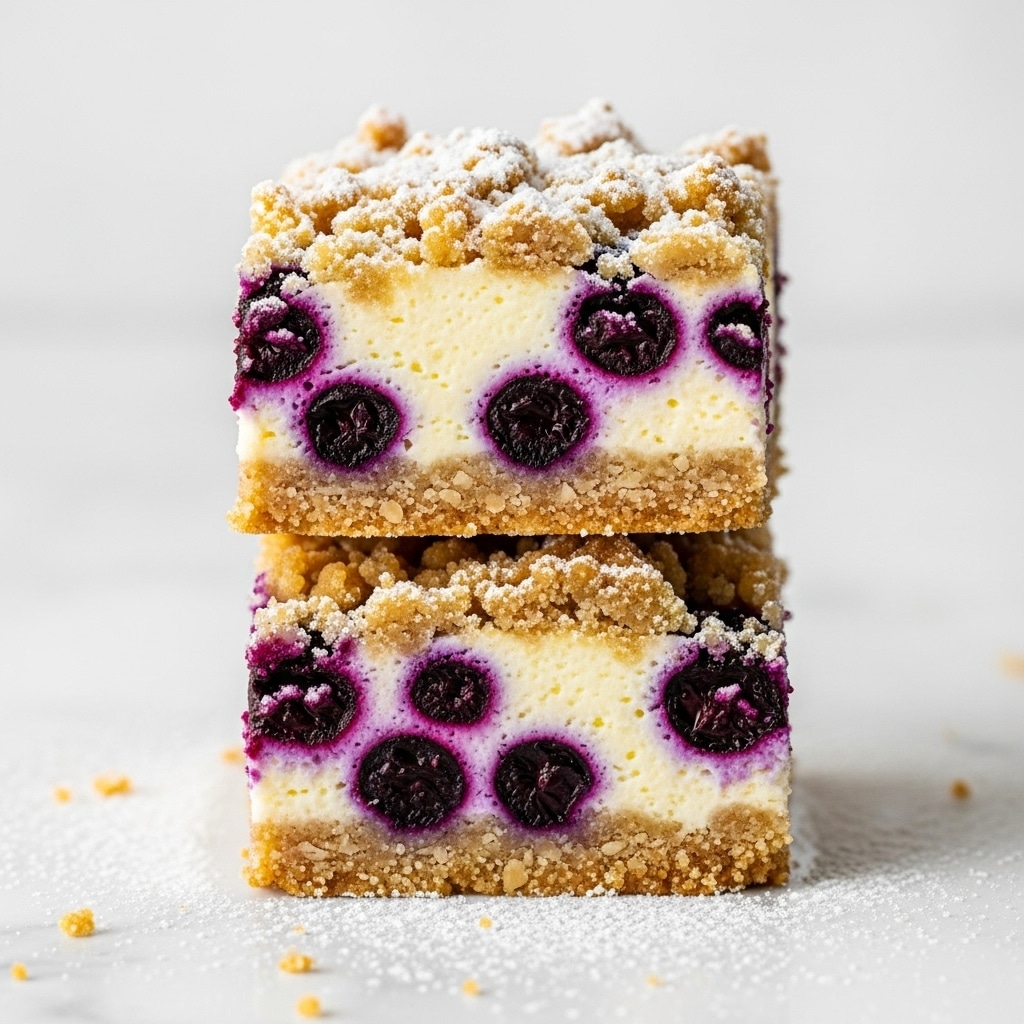 Two square pieces of a dessert stacked on top of each other on a white marbled surface dusted with powdered sugar. Each piece has three layers: the bottom layer is a crumbly, golden brown crust, the middle layer is creamy and pale yellow with whole dark purple berries embedded evenly throughout, and the top layer is a coarse, golden brown crumb topping sprinkled lightly with powdered sugar. The edges show some berry juice slightly mixing into the creamy middle layer, adding spots of purple around the berries. The overall texture looks soft and crumbly. Photo taken with an iphone --ar 4:5 --v 7