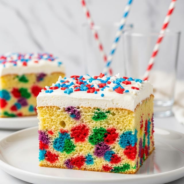 A square piece of colorful confetti cake sits on a white plate, with visible layers of light yellow sponge mixed with red, blue, green, and purple specks throughout. The top layer is thick, fluffy white frosting, decorated with red, blue, and white star-shaped and stick sprinkles. The background shows blurred white marbled texture and clear glasses with red and blue striped straws. photo taken with an iphone --ar 4:5 --v 7