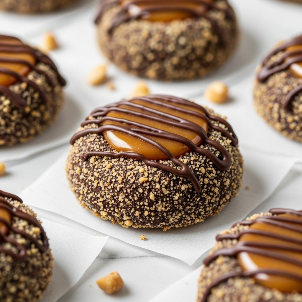 The image shows a close-up of round chocolate cookies covered in a coarse nut crumb layer, giving them a rough, textured look. Each cookie has a golden caramel center placed on top, which is smooth and shiny. Dark chocolate is drizzled over the caramel in thin stripes, contrasting with the caramel and nut crumb. The cookies are placed on white paper over a white marbled surface, with bits of nuts scattered around. The focus is on the front cookie, with other cookies blurred in the background, creating depth. photo taken with an iphone --ar 4:5 --v 7