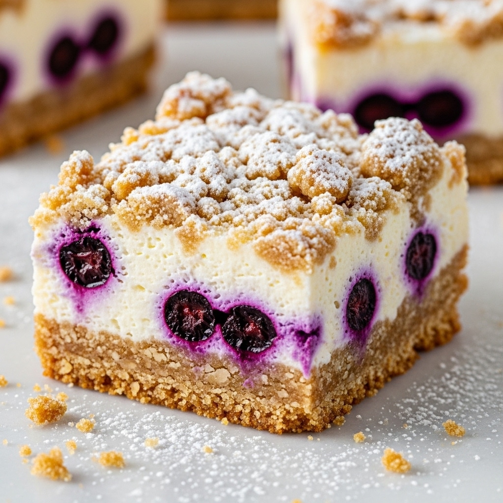 A square slice of a dessert bar is shown, featuring three distinct layers. The bottom layer is a light brown, crumbly crust with a slightly rough texture. The middle layer is thick and creamy off-white filled with dark purple berries that are partially embedded and visually juicy. The top layer is a golden-brown crumb topping sprinkled with white powdered sugar, creating a textured and slightly uneven surface. The bar is placed on a white marbled surface with some crumbs and powdered sugar scattered around. Photo taken with an iphone --ar 4:5 --v 7