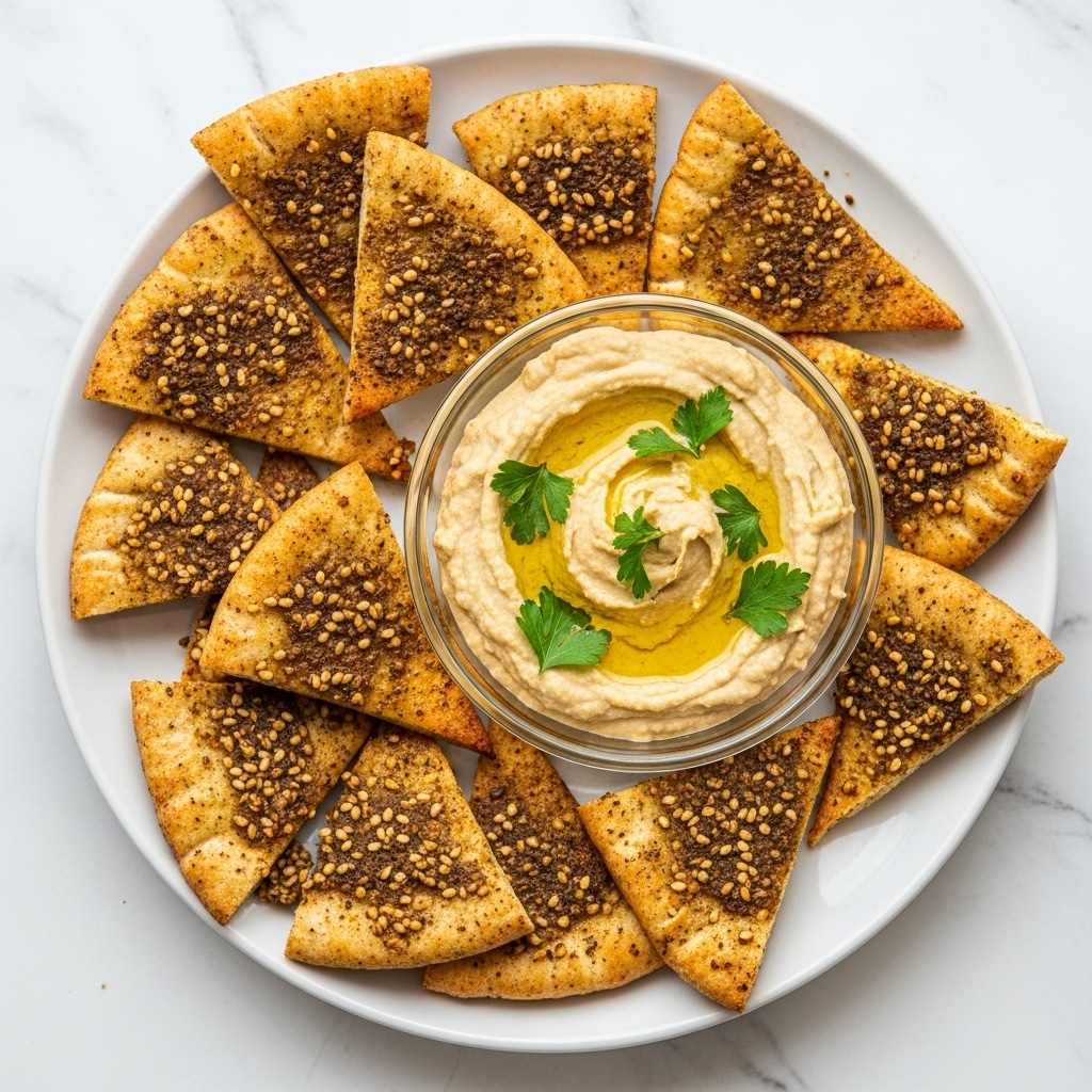 A white plate holds several triangular, toasted pita chips with a golden-brown color, speckled with seasoning on top, arranged around a small clear glass bowl filled with a creamy, light beige hummus. The hummus has a textured surface with visible swirls and is topped with a drizzle of golden olive oil and fresh green parsley leaves. The plate rests on a white marbled surface. photo taken with an iphone --ar 4:5 --v 7