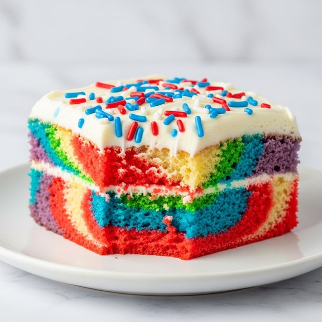 A square piece of colorful sponge cake sits on a white plate with a white marbled background. The cake has a soft texture with visible multicolored swirls in shades of red, blue, green, and purple blending through the light yellow sponge base. On top, there is a thick layer of smooth white frosting, decorated with red, blue, and white sprinkles scattered unevenly. A bite is taken out of one side, revealing the moist inside of the cake layers. The scene is well-lit, making the colors of the cake and sprinkles bright and inviting. photo taken with an iphone --ar 4:5 --v 7