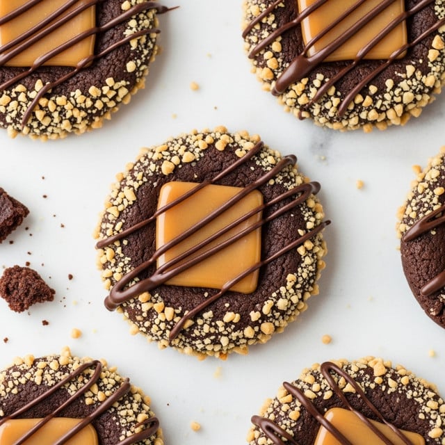 The image shows a close-up of round cookies placed on a white marbled surface. Each cookie has three main layers: a dark brown base that looks soft and chewy, a rough outer coating of small chopped light brown nuts around the edges, and a smooth light caramel square on top at the center. Dark brown chocolate lines are drizzled in thin stripes over the caramel and across the top of the cookie. Some cookie fragments and nuts are scattered around on the surface. The photo taken with an iphone --ar 4:5 --v 7