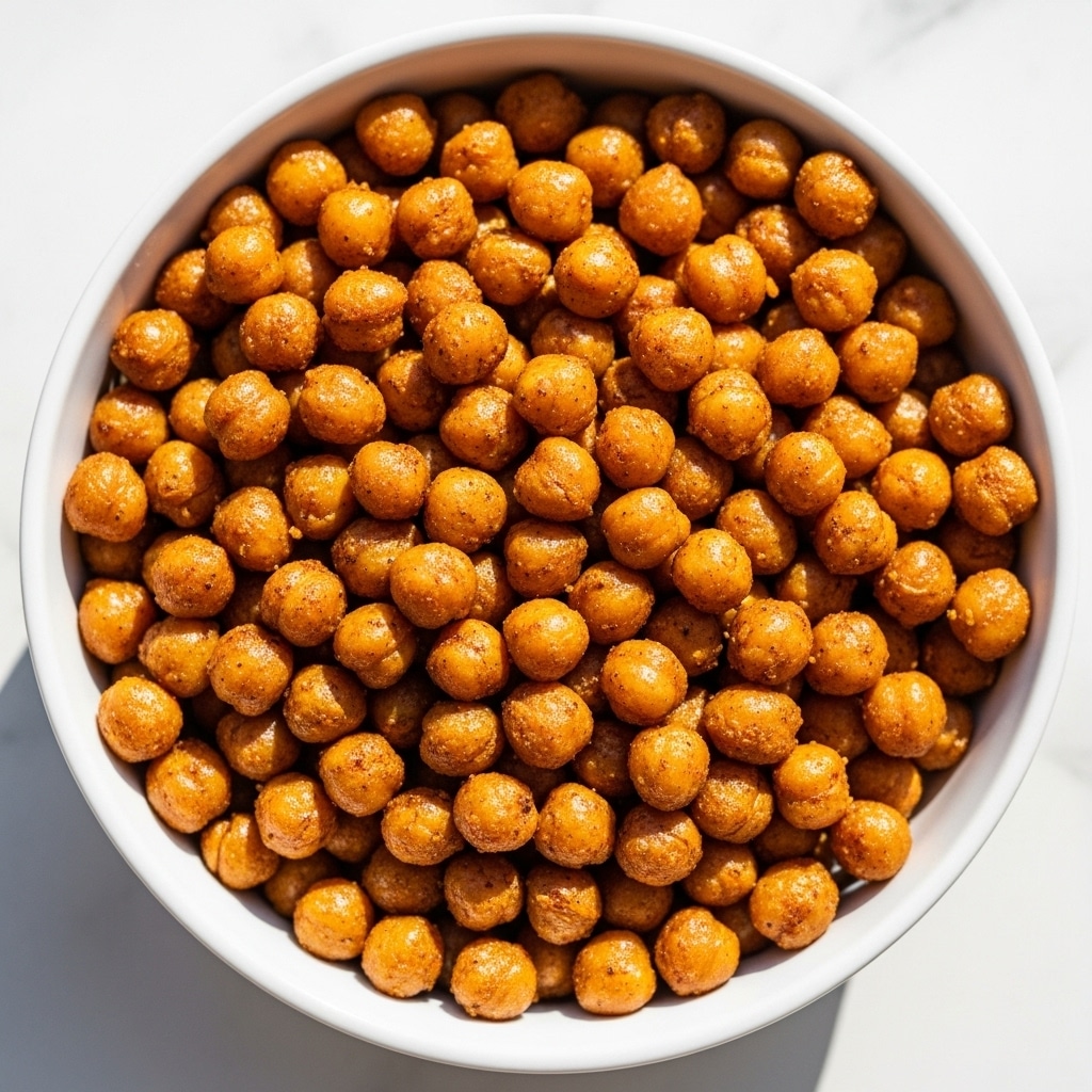 A close-up view of a silver metal bowl filled with one layer of golden roasted chickpeas coated with reddish spices, showing a slightly shiny, crispy texture. The bowl is placed on a white marbled surface. photo taken with an iphone --ar 4:5 --v 7