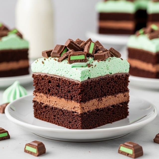 A close-up of a square layered chocolate cake piece on a white plate, set on a white marbled texture. The bottom layer is thick, dark, and moist chocolate cake with a sponge-like texture. The middle layer is a smooth, glossy chocolate frosting, slightly thinner than the cake. The top layer is thick, light green mint frosting with a creamy and fluffy texture. On top of the green frosting are scattered pieces of chocolate with green mint filling, broken into small chunks. Around the plate and surface, more chocolate chunks are spread. In the blurred background, there is a white bottle and other cake pieces on white plates. photo taken with an iphone --ar 4:5 --v 7