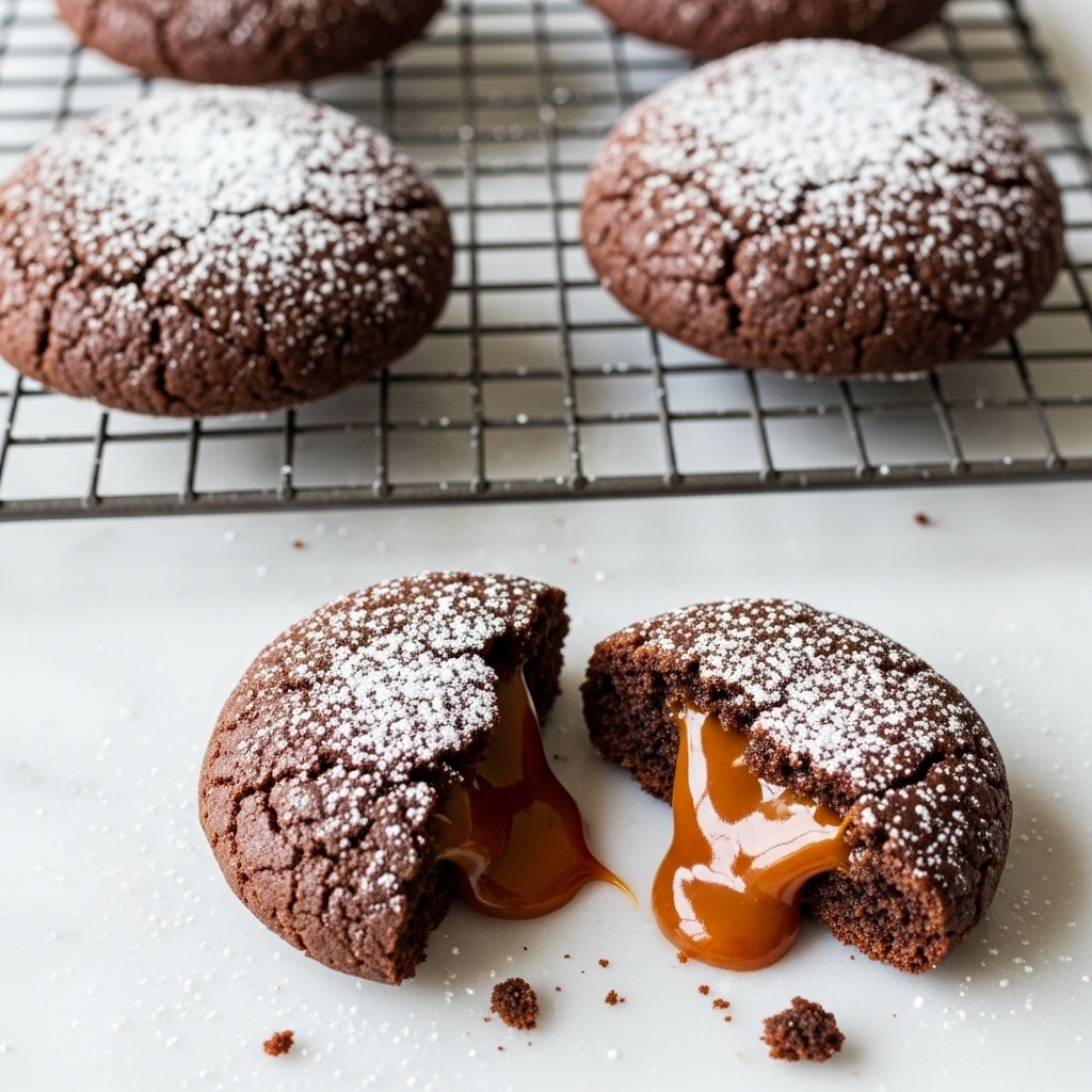 The image shows three round chocolate cookies cooling on a wire rack over a white marbled surface. The cookies are dark brown with a rough texture, topped generously with a light dusting of powdered sugar, giving them a slightly snowy look. One cookie at the bottom right is broken, revealing a thick, glossy caramel filling oozing out in a rich golden brown color. The cookies look soft and moist, with the caramel adding a smooth contrast to the crumbly cookie. Photo taken with an iphone --ar 4:5 --v 7