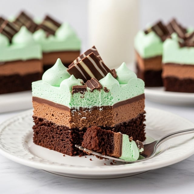 A close-up view of a square piece of chocolate cake with three visible layers on a white plate. The bottom layer is dark, moist chocolate cake with a soft texture. Above it, there is a thin, creamy chocolate layer with a smooth finish. The top layer is a thick, light green mint-flavored frosting that looks fluffy and has small peaks. Scattered on top are pieces of chocolate with striped and solid patterns. A silver fork rests on the plate holding a small bite with green frosting and cake. The background shows more slices of the same cake and a blurred white bottle, with the scene set on a white marbled surface. photo taken with an iphone --ar 4:5 --v 7