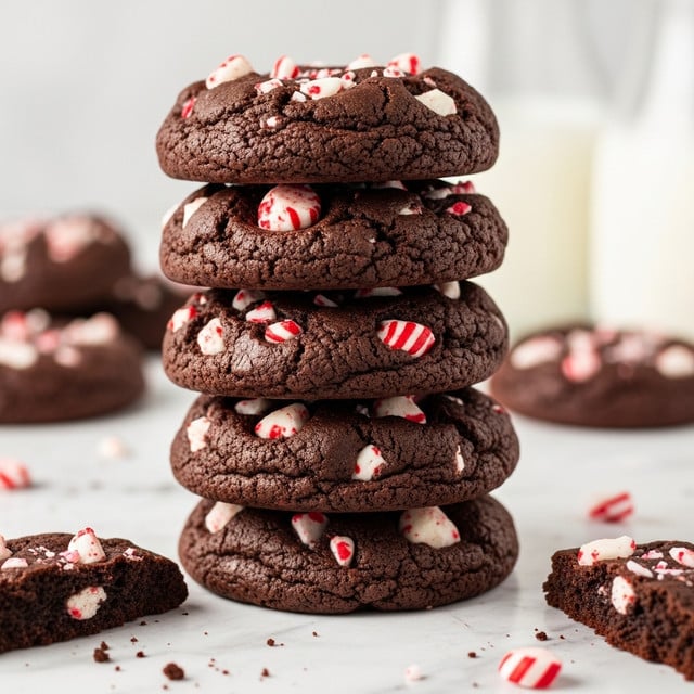 A tall stack of five dark chocolate cookies with a rough, slightly cracked surface sits on a white marbled texture. Each cookie is thick and studded with chunks of white and red pieces scattered throughout, giving a contrast of color and texture in each layer. Some broken pieces of the red and white chunks are scattered around the base of the stack. The background is softly blurred, with hints of another cookie and a glass of milk behind the stack, all on the same white marbled surface. photo taken with an iphone --ar 4:5 --v 7