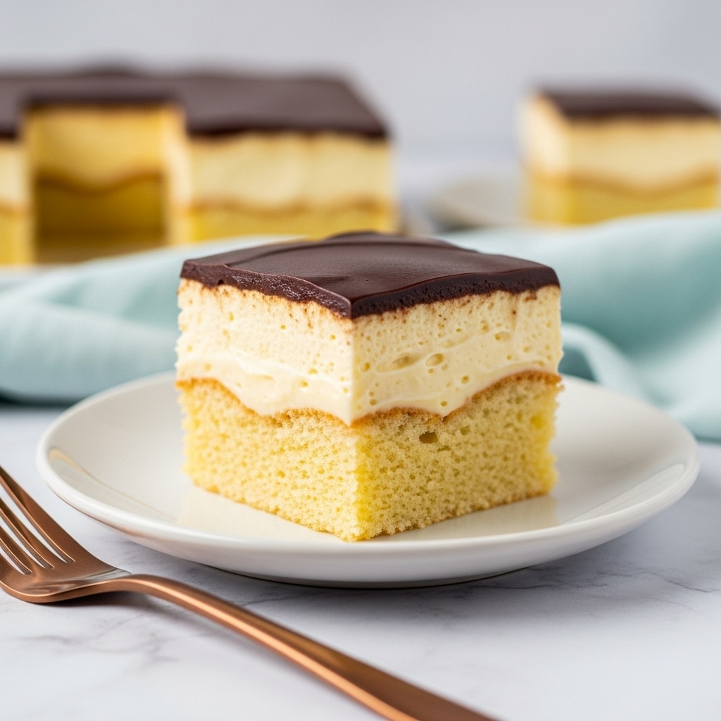 A close-up of a square piece of layered dessert on a white plate set on a white marbled texture surface. The dessert has three layers: the bottom layer is a light golden-yellow cake with a soft, porous texture; the middle layer is a thick, creamy pale yellow custard that appears smooth and slightly glossy; the top layer is a thin, even layer of dark chocolate ganache that looks shiny and dense. In the background, a blurred portion of the remaining dessert is visible with the same three layers. A copper-colored fork lies next to the plate, and a soft light blue cloth is seen behind the dessert, adding a gentle contrast. photo taken with an iphone --ar 4:5 --v 7