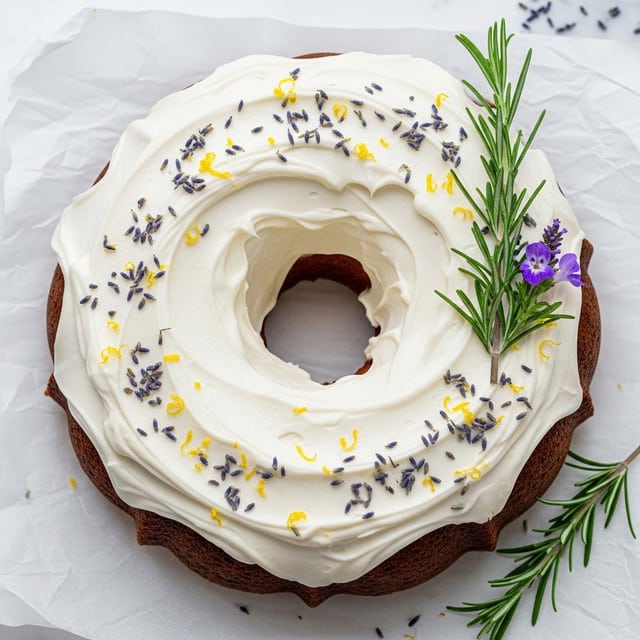 A round bundt cake with a thick, smooth white frosting fully covering its surface, showing slight swirls and peaks, sitting on white parchment paper. The frosting is sprinkled with small dark lavender buds and tiny yellow zest scattered unevenly on top. A sprig of fresh green rosemary and a small purple flower rest on the right side of the cake, while another similar sprig lays nearby on the white marbled surface. The cake has a central hole typical of bundt cakes, revealing a slight brown edge inside. Photo taken with an iphone --ar 4:5 --v 7