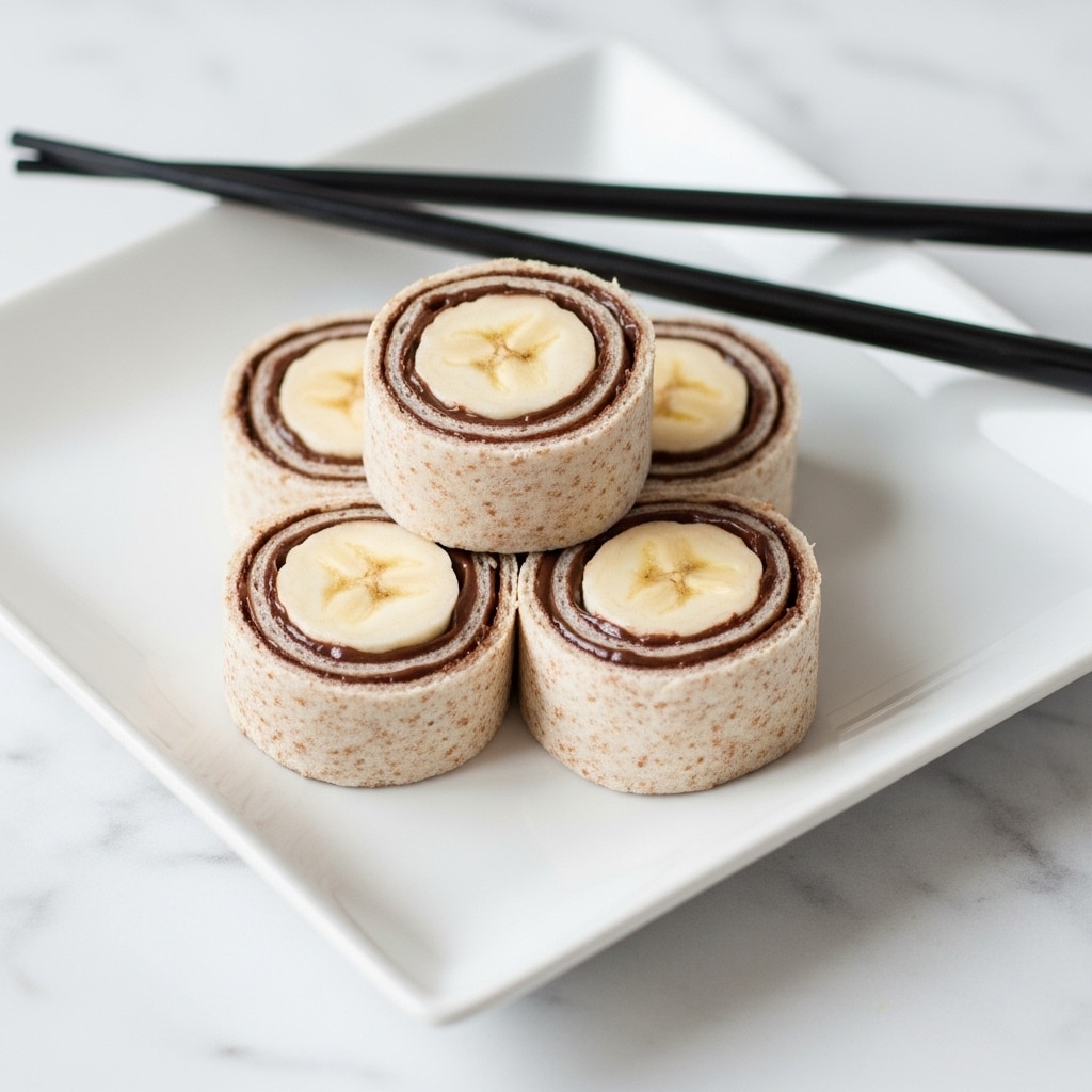 The image shows four banana and chocolate wraps arranged in a small stack on a white square plate. Each wrap has three visible layers: the outer layer is a light brown whole grain tortilla with a soft texture, the middle layer is a creamy dark brown chocolate spread that is evenly spread, and the center layer is a round slice of pale yellow banana with a smooth texture. Two black chopsticks rest diagonally on the plate behind the wraps. The plate is placed on a white marbled surface that adds a clean, bright background to the image. photo taken with an iphone --ar 4:5 --v 7