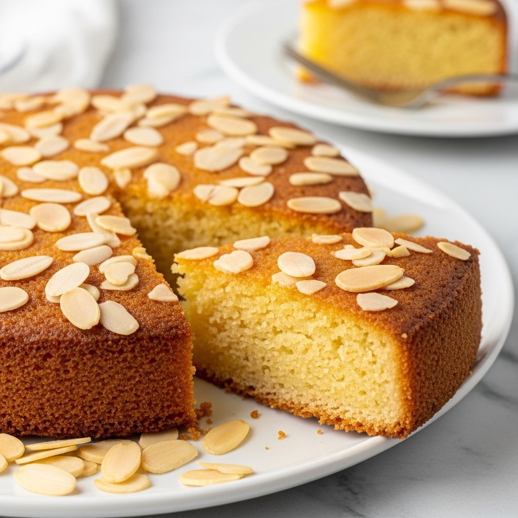 A golden-brown almond cake is displayed on a white plate, with one triangular slice separated in the front. The cake has a slightly crispy top covered with scattered, thinly sliced pale almond pieces. The inside of the slice shows a soft, moist, light yellow texture with a fine crumb. Around the base of the cake and on the plate, more almond slices are spread casually. The background features a white marbled surface and a blurred white plate with a cake slice and a fork. photo taken with an iphone --ar 4:5 --v 7