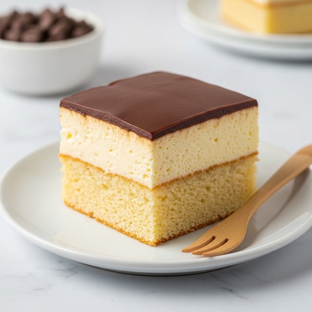 A square piece of cake on a white plate, showing three clear layers: a bottom layer of light golden, soft sponge cake with a slightly crumbly texture, a middle thick layer of smooth, pale yellow creamy custard, and a top thin layer of glossy, dark brown chocolate ganache that is evenly spread. A small, wooden fork lies next to the cake on the plate, and a blurred round bowl with chocolate chips is in the background, all set on a white marbled surface. Photo taken with an iphone --ar 4:5 --v 7