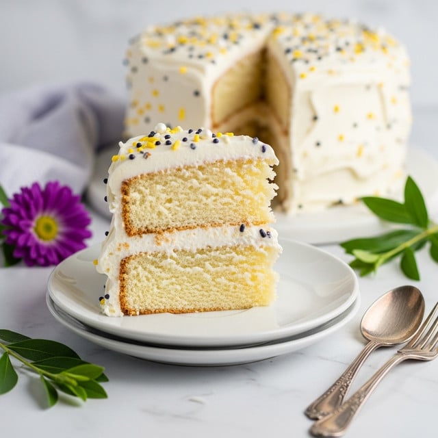 A slice of two-layer white cake with a light, fluffy texture sits on a white plate stacked on another white plate. The cake is covered in thick white frosting with small yellow and dark sprinkles. The cake layers are soft and pale yellow inside with a crumbly edge. In the background, the rest of the frosted cake is partially visible. The setup is on a white marbled surface with a purple flower and green sprigs casually placed near the plates, along with a vintage spoon and two forks nearby. photo taken with an iphone --ar 4:5 --v 7