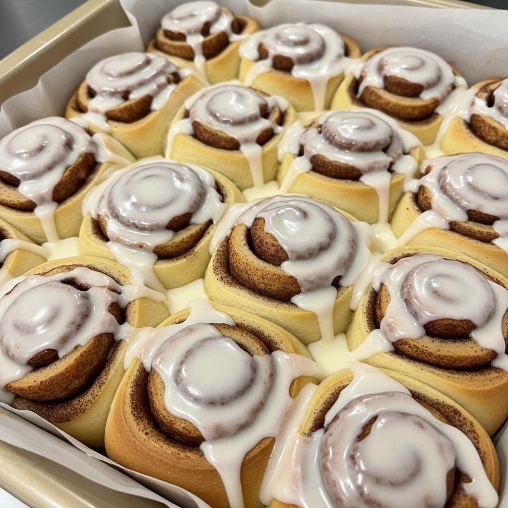 A tray of cinnamon rolls is shown close up, arranged in rows inside a beige baking pan with a parchment paper lining. Each roll is golden brown with visible swirls of cinnamon sugar and topped with a thick, creamy white icing that drips down the sides, covering most of the rolls unevenly. The rolls look soft and fluffy with a gooey texture where the cinnamon filling peeks through. The photo is taken from an angle that highlights the shiny icing and warm color contrast between the icing and the cinnamon rolls. Photo taken with an iphone --ar 4:5 --v 7