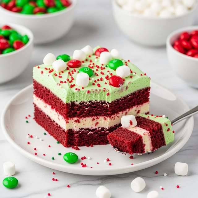Christmas Red Velvet Poke Cake With Cheesecake Flavored Pudding and Festive Toppings Recipe