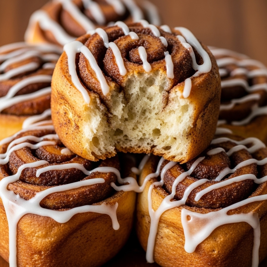 The image shows a close-up of a sticky cinnamon bun with bite taken out of it, revealing a soft and airy inside. The bun is golden brown with a slightly crispy textured crust, covered in swirls of cinnamon and sugar. It is topped with a thick layer of white icing glaze that drips slightly down the sides, enhancing its sticky appearance. The bun pieces are clustered together on a wooden surface, with a warm, soft lighting that highlights the rich brown and white colors. Photo taken with an iphone --ar 4:5 --v 7