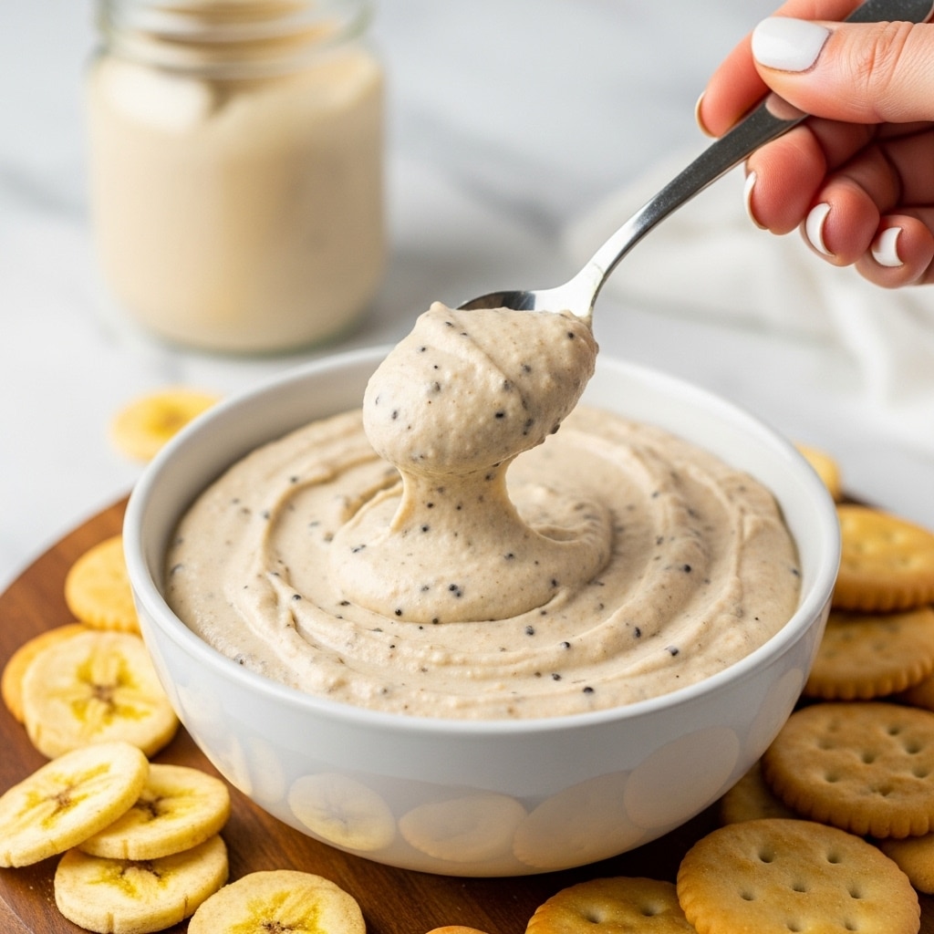 The image shows a close-up of a white bowl filled with a thick creamy beige dip speckled with small black dots, indicating vanilla or spices. A spoon is scooping some dip from the bowl, held by a woman's hand with white nail polish visible on the thumb. The dip has a smooth, rich texture with a slight drip falling off the spoon. The bowl is placed on a wooden surface with slices of banana chips and round toasted crackers arranged around it. In the background, there is a softly blurred jar with similar color contents. The whole scene is set on a white marbled texture. photo taken with an iphone --ar 4:5 --v 7