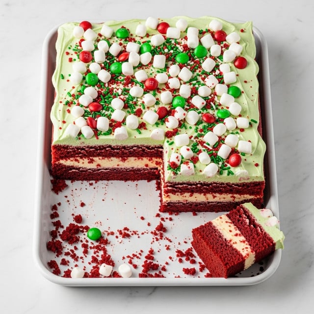 The image shows a red velvet cake in a rectangular white tray with a slice removed from the bottom right corner. The cake has three main layers: the bottom layer is deep red and moist, the middle layer is a smooth pale cream filling, and the top layer is a light green frosting. The frosting is covered with small white marshmallows and red and green candy pieces, scattered all over the surface with some red sprinkles. Crumbs and candies are scattered inside the empty part of the tray. The scene is set on a white marbled texture. Photo taken with an iphone --ar 4:5 --v 7